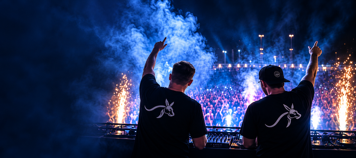 Gestaltetes Bühnenmotiv mit dem DJ-Duo vor Publikum