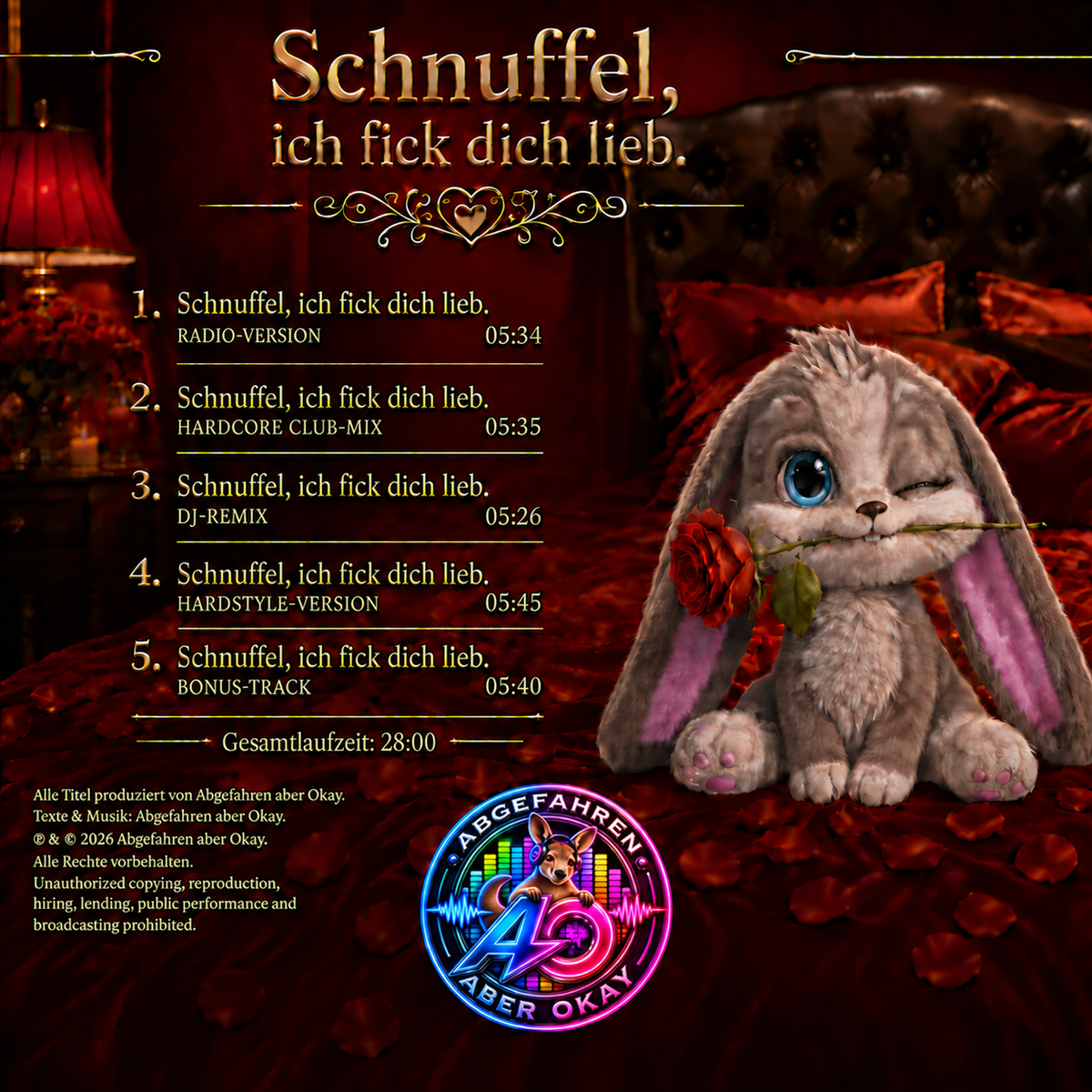 Schnuffel – Ich fick dich lieb – CD-Rückseite mit Titelliste und Känguru-Logo von Abgefahren aber Okay