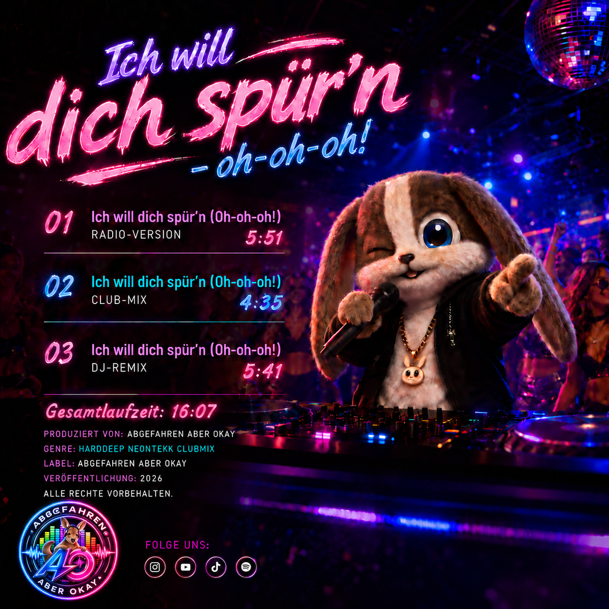 Schnuffel – Ich will dich spür’n – CD-Rückseite mit Titelliste und Känguru-Logo von Abgefahren aber Okay