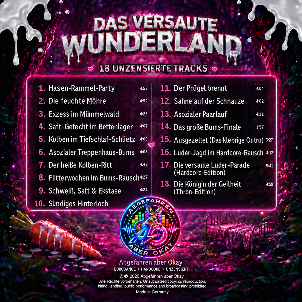 Das versaute Wunderland – CD-Rückseite mit Titelliste und Känguru-Logo von Abgefahren aber Okay