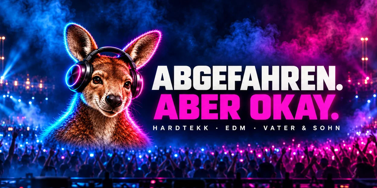 Abgefahren aber Okay – kangaroo wearing DJ headphones in cyan and pink. Hardtekk, EDM, father and son.